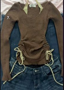 Brown Ribbed Ruched Top