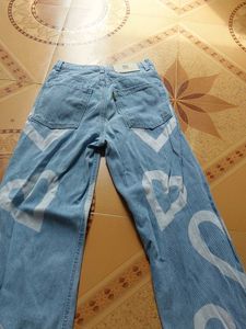 Blue Heart Print Wide Leg Jeans (High Waist)