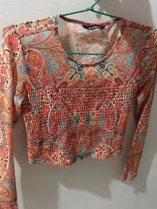Boho Print Smocked Crop Top🧡