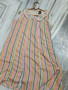 Striped Sleeveless Dress with Lace Collar
