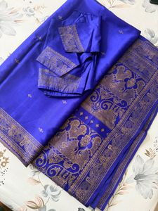 Vibrant Blue Silk Saree with Gold Border