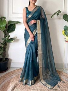 Deep Teal Blue Net Saree with Traditional Zari Bor