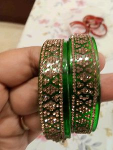Elegant Green Bangles with Stone Work