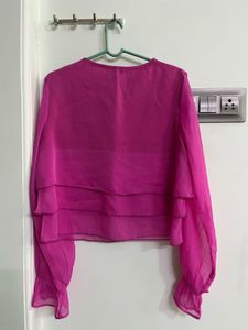 Chic Pink Sheer Blouse with Tie Neck