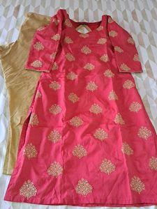 Pink Kurta with Golden print pants