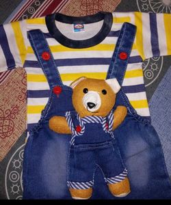 Cute Teddy Bear Denim Overalls Set