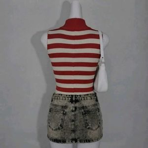 Striped Ribbed Zip-Up Mock Neck Tank Top