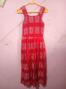 Red Printed Dress with White Lace Jacket Set