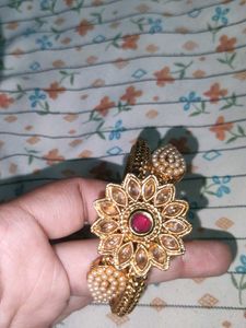 Elegant Floral Gold-Tone Kada with Pearl &amp; Stone