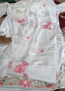 White Silk Kurta Set with Pink Embroidery