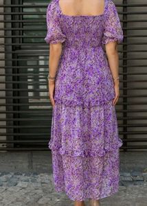 Purple Floral Tiered Midi Dress