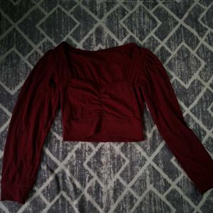 Maroon Ruched Long Sleeve Crop Top