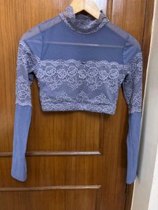 Sheer Lace Crop Detail Mesh Top/ Blouse