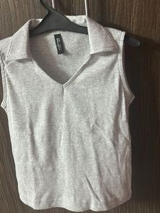 Grey Ribbed Polo Tank