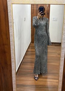 Elegant Greyish Mint Embroidered Beaded Gown