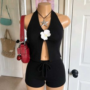 Y2k Vintage Ribbed Black Halter Co-ord Set