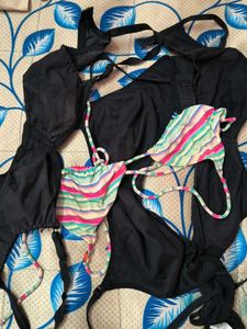 Striped & Black Bikini Top Set