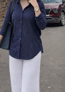 Navy Blue Striped Button-Up Shirt