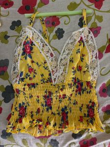 Yellow Floral Smocked Crop Top with Lac
