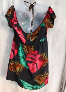 3129. Tropical Print Off-Shoulder Mini Dress
