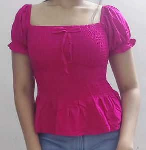 Hot Pink Smocked Puff Sleeve Top