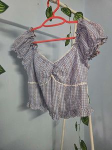 Cute Blue Gingham Puff Sleeve Top