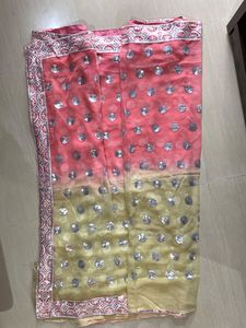 Pink &amp; Gold/ Off White Sequin Embellished Saree