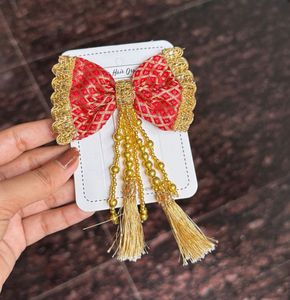 Red &amp; Gold Bow Hair Clip with Tassels