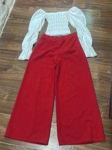 Chic Off-Shoulder White Top &amp; Red wide leg trouser