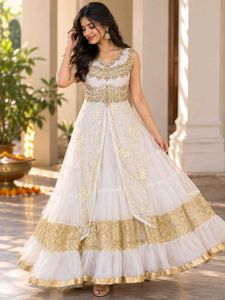 Elegant White & Gold Embroidered Gown