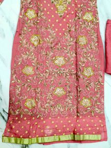 zardozi Embroidered carrot pink Kurta shalwar Set