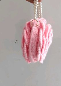 Chic Pink Rose Crochet Handbag with Pearl Strap