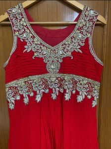 Red Long Flared Gown With Heavy Embroidery