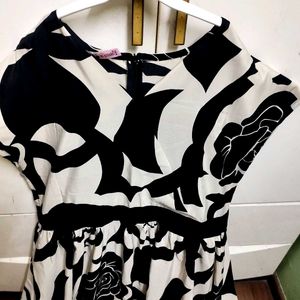 Chic Black &amp; White Rose Print A-line  Dress