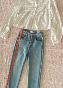 Zara High Waisted Jeans & White Blouse