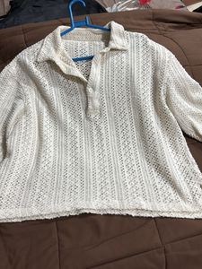Cream Crochet Collared Pullover