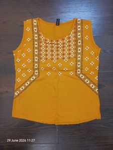 Mustard Yellow Embroidered Sleeveless Top