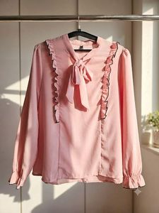 Elegant Pink Ruffle Bow Blouse.