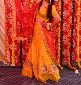 Vibrant Yellow &amp; Red Lehenga Choli Set