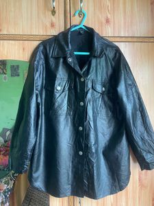 Black Faux Leather Overshirt Jacket