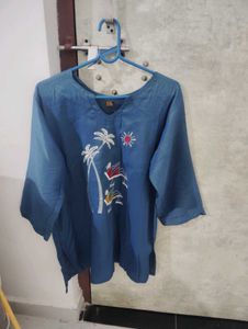 Blue Kurta with Beach Scene Embroidery