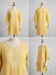 Chic Casual Yellow Kurti with Delicate White Threa