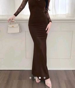 Elegant Brown Lace Sleeve Maxi Dress