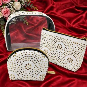 Set of 3 White & Gold Cosmetic Bags