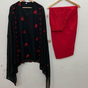 Black Farshi Salwar Kurta Set with Red Heart Print