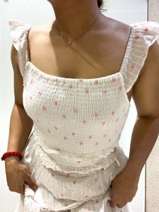 White Smocked Crop Top with Pink Embroidery