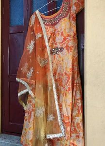 Elegant Orange Floral Print Gown
