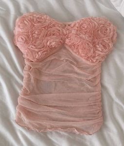 Pink Rose Embellished Mesh Top