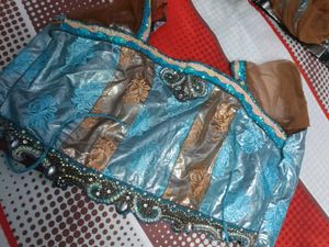 brown  blue saree with golden and silver pri