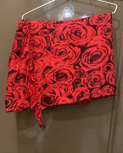 New Red Rose Print Shawl with Tassels